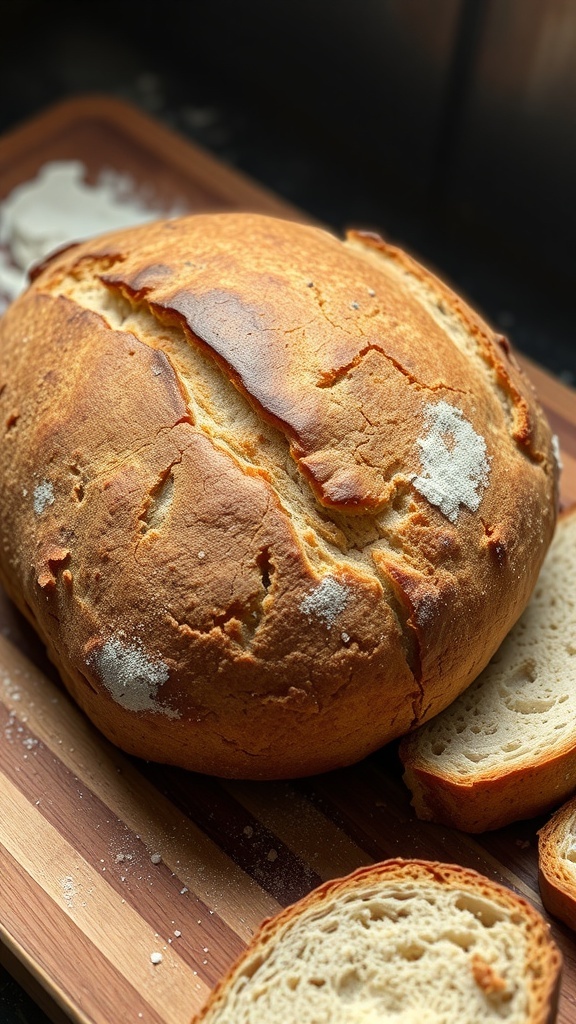 A golden-brown sourdough bread loaf with a scored crust on a wooden board, with slices beside it.